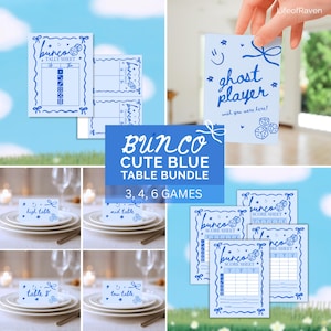 May include: A Bunco game bundle featuring light blue paper tally sheets, score sheets, and table cards with dark blue ink illustrations of dice, bows, and stars. The cards include text such as Bunco, ghost player, high table, and low table.