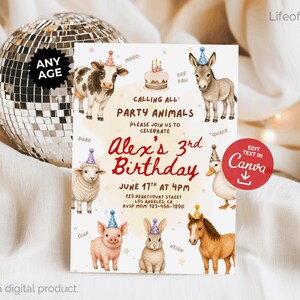 May include: A digital birthday party invitation featuring watercolor illustrations of farm animals wearing party hats. The invitation reads "Calling All Party Animals" and includes the text "Alex's 3rd Birthday" with event details. A disco ball is in the background.