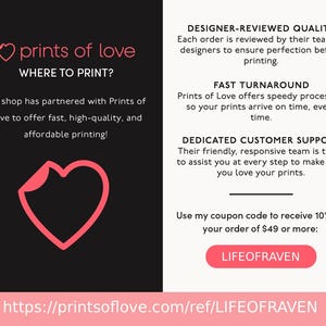 May include: A promotional graphic with the Prints of Love logo, a pink heart, and text. The text highlights designer-reviewed quality, fast turnaround, and dedicated customer support. A coupon code for 10% off is also displayed.
