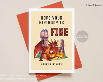 Red Fire Dragon Birthday Card Printable for Dragon Lovers Funny Dragon Pun Bday Card 5x7 for Retro Gamer Instant Download Fantasy Pixel Art
