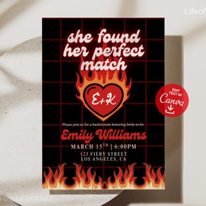 Puede incluir: Una invitación digital con fondo negro y patrón de cuadrícula roja. El texto "she found her perfect match" está en blanco, con un corazón y un gráfico de llamas. La invitación es para la despedida de soltera de Emily Williams.
