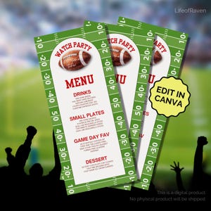 Könnte beinhalten: Drei grüne und weiße Menükarten zum Thema Football mit einem Football-Grafik und den Worten "Watch Party" oben. Das Menü umfasst Getränke, kleine Teller, Favoriten für den Spieltag und Dessertoptionen. Der Satz "Edit in Canva" ist ebenfalls sichtbar.
