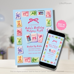 Bearbeitbare Mahjong Geburtstagsfeier-Einladung Canva Vorlage Süß Blau Rosa Schleife Coquette Mah-Jong Digitale Einladungskarte Mahjongg Girl Night Evite
