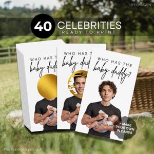 Who Has The Daddy Baby Shower Game Printable Men Celebrity Find The Baby Daddy Funny Scratch Off Party Activity Editable Canva Template PDF