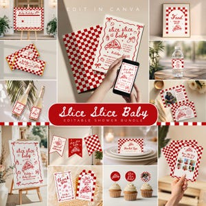 May include: A selection of red and white chequered baby shower decorations with a pizza theme. Includes invitations, banners, cupcake toppers, and a welcome sign. The text "Slice Slice Baby" is featured throughout the designs.