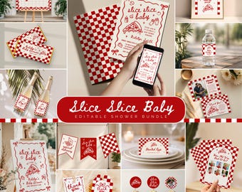 Pizza Baby Shower Bundle Editable Canva Template Retro Slice Slice Baby Theme Party Invitation Set Special Delivery Italian Food Decoration