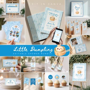 May include: A collection of baby shower decorations with a blue and white striped theme. Includes invitations, signs, cupcake toppers, and thank you cards. The theme is "Little Dumpling" with a cartoon dumpling illustration.