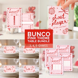May include: Pink Bunco game bundle with tally sheets, score sheets, and table cards. Includes cards for head table, low table, and tables 1 and 8. The bundle also includes a "ghost player" card with dice illustrations.