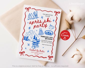 Apres Ski Party Invitation Template Editable in Canva Winter Soiree Digital Invitation Card Red and Blue Mobile Invite Ski Weekend Friends