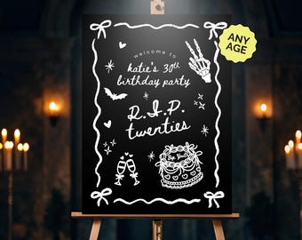 Editable RIP 20s Welcome Sign Canva Template Black 30th Birthday Welcome Poster Digital Download Gothic Alternative Decor Death to 20s 30s
