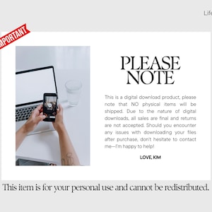 May include: A digital download product announcement with the text "PLEASE NOTE". The image shows a laptop, a smartphone, and a glass of water on a white surface. The text states the product is a digital download.