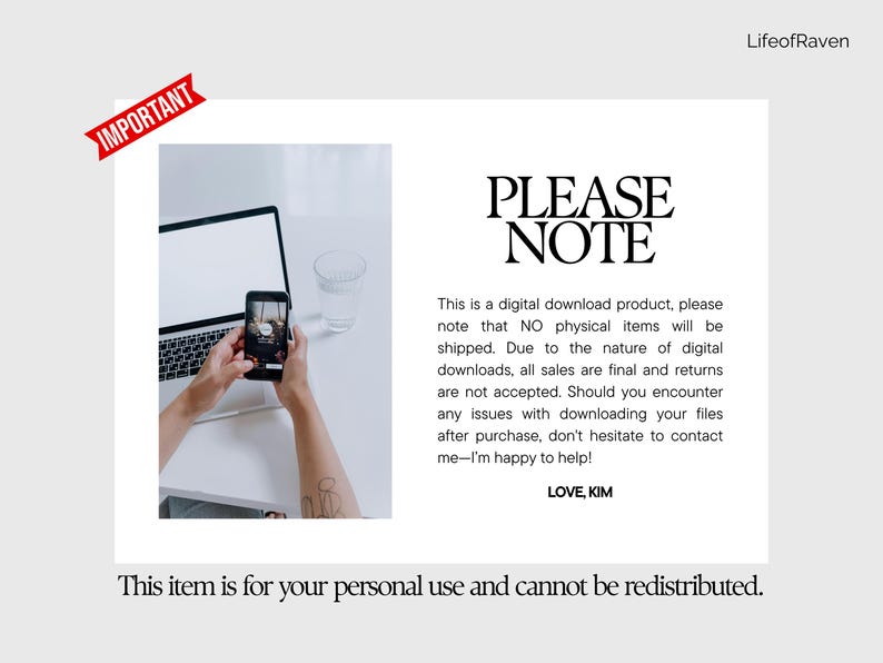 May include: A digital download product announcement with the text "PLEASE NOTE". The image shows a laptop, a smartphone, and a glass of water on a white surface. The text states the product is a digital download.
