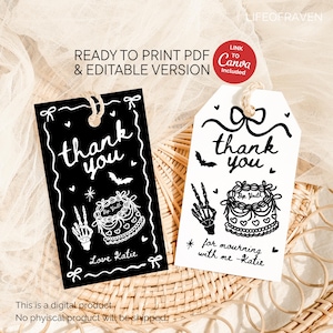 Può includere: Due etichette regalo stampabili, una nera e una bianca, con le parole "grazie" in stile scritto a mano. Le etichette presentano un'illustrazione di torta, una mano di scheletro e un pipistrello. Il testo sulle etichette include "Bye Youth" e "Love Katie".