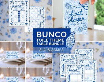 May include: A collection of Bunco game materials with a blue toile theme. The image includes tally sheets, score sheets, table cards, and a "ghost player" card. The text "Bunco Toile Theme Table Bundle" is also visible.