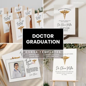 Puede incluir: Un collage de plantillas de Canva con temática de graduación de médico. Incluye tarjetas de invitación, tarjetas de agradecimiento, etiquetas de recuerdo y un letrero de bienvenida. Los diseños presentan un símbolo de caduceo dorado y el texto "Doctor Graduation."