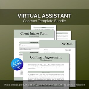 May include: A bundle of virtual assistant contract templates, including a client intake form, invoice, and contract agreement. The documents are in shades of gray and white, with the text "Virtual Assistant" prominently displayed. The image also includes a Canva edit button.