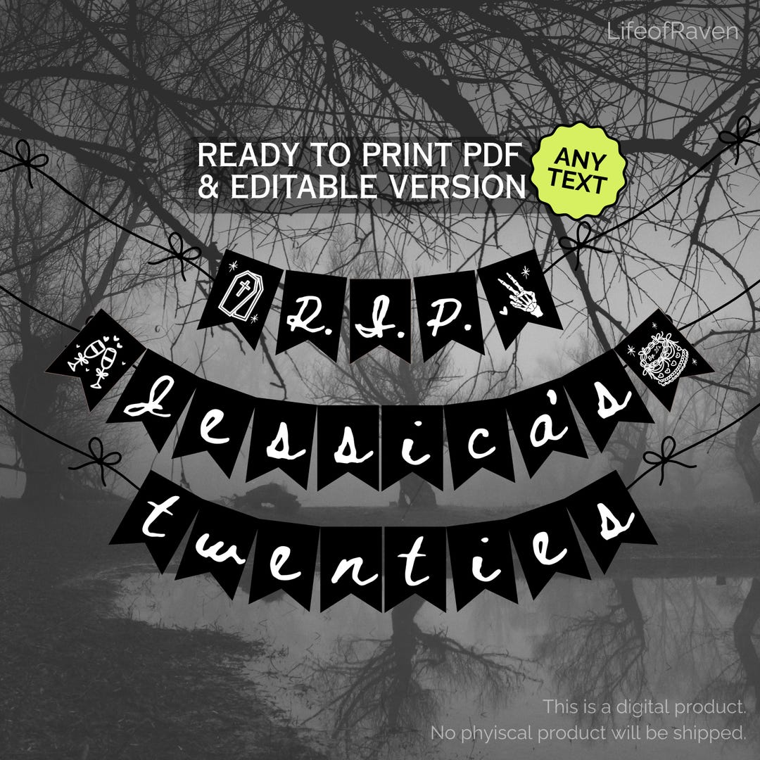 Printble Rip Large Rip 20s Banner Editable Canva Template Death to My Twenties Dark Black ...