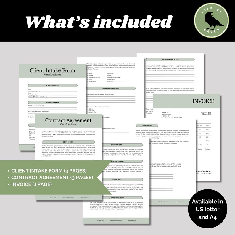 Free Virtual Assistant Intake Template.pdf Virtual Assistant Contract Template Bundle Editable Canva Service ...