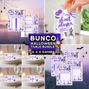 May include: A Halloween-themed Bunco table bundle featuring tally sheets, score sheets, and table cards with purple and white stripes. The cards display illustrations of witches, ghosts, and dice, with text including Bunco, ghost player, and table numbers.