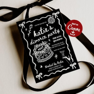 Bearbeitbare schwarze Scheideungsfeier Digitale Einladungsvorlage In Canva bearbeiten Coquette einladen Girls Night Out Break Up Ankündigung Abendessen einladen