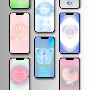 May include: A collection of smartphones displaying digital art with inspirational messages and angel numbers. The screens feature soft color gradients, hearts, butterflies, and the text "Good things are happening every day in my life."