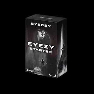 May include: Black rectangular box with the text "EYECEY" and "EYEZY STARTER" in white. The box features a grayscale illustration of a person standing on a cliff with a planet in the background. The Shopify Partners logo is at the bottom.