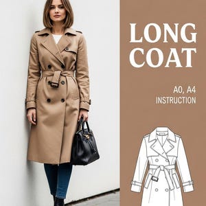 Op de afbeelding: Een vrouw draagt een lange beige jas met een riem, zwarte laarzen en een zwarte handtas. De tekst "LONG COAT" en "A0, A4 INSTRUCTION" zijn zichtbaar. Een lijntekening van de jas is ook afgebeeld.