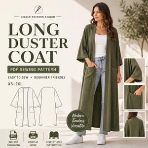 Puede incluir: Un abrigo largo verde oliva con bolsillos, usado por una persona. La imagen incluye un patrón de costura PDF con el texto "Long Duster Coat" y "Easy to Sew". El patrón está disponible en tallas XS-2XL.