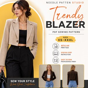 Puede incluir: Un patrón de costura en PDF para una chaqueta blazer corta de Needle Patten Studio. El diseño cuenta con cierre de un botón, solapas de muesca y mangas largas. Incluye tallas XS-XXXL, archivos de impresión A0 y A4 e instrucciones paso a paso.