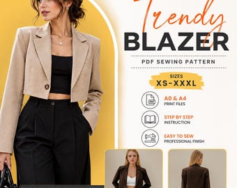 Cropped Blazer Sewing Pattern | Women's Blazer PDF Pattern | Notched Lapel Jacket Pattern | XS-XXXL