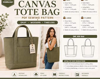 Canvas Tote Bag Sewing Pattern PDF | 4 Sizes Shopper Bag Pattern | Beginner Shoulder Bag | Lined Tote | Instant Download | A4 A0 Letter