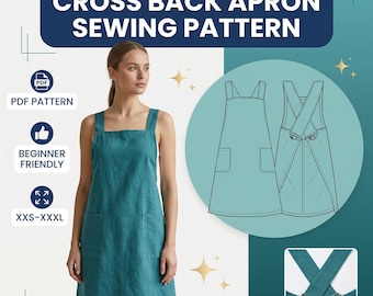 Japanese Style Cross Back Apron | Beginner Pinafore Apron Pattern with Pockets | Instant Download - PDF Sewing Pattern