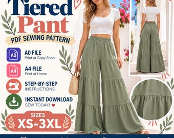 Patrón de costura en PDF para pantalones con volantes / Patrón de pantalones de pierna ancha / Patrón de pantalones con cintura elástica / Patrón de pantalones para mujer / Patrón de costura para principiantes