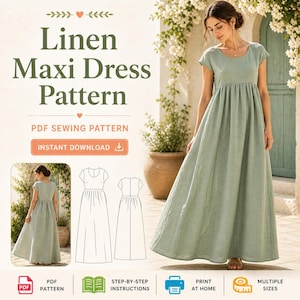 Może przedstawiać: Kobieta w jasnozielonej lnianej sukience maxi. Obraz zawiera tekst "Linen Maxi Dress Pattern" i "PDF Sewing Pattern". Dodatkowy tekst to "Instant Download", "PDF Pattern", "Step-by-step instructions", "Print at home" i "Multiple sizes".