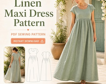 Patrón de costura en PDF para vestido largo de lino Clara / Vestido de verano con cintura imperio / Vestido estilo campestre / Manga corta / Tallas XS–4XL / Descarga instantánea