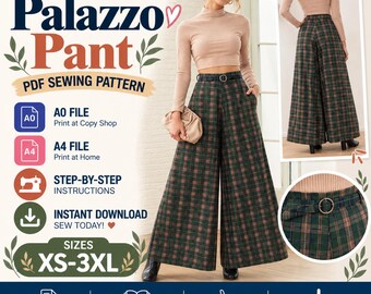 Patrón de costura en PDF para pantalones palazzo / Patrón de pantalones de pierna ancha / Patrón de pantalones de talle alto / Patrón de pantalones para mujer / Patrón de costura para principiantes
