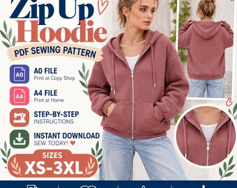 Patrón de costura en PDF para sudadera con cremallera / Patrón de sudadera extragrande / Patrón de chaqueta con capucha / Patrón de sudadera para mujer / Patrón de costura fácil