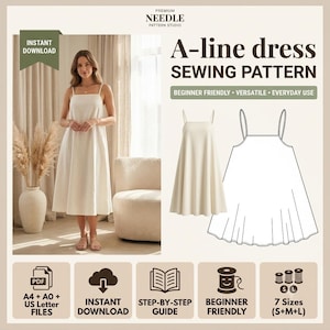 Könnte beinhalten: Ein digitales Schnittmuster für ein A-Linien-Kleid, mit einem Foto einer Person in einem cremefarbenen Midikleid mit dünnen Trägern, ergänzt durch eine technische Strichzeichnung des Kleidungsstücks sowie Symbole für PDF-Dateien und 7 Größen.