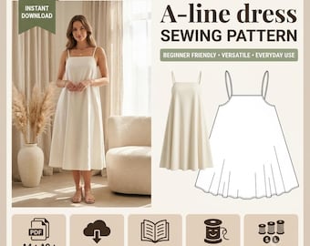 Patrón de costura para vestido swing / Patrón PDF para vestido de verano con tirantes ajustables / Patrón para minivestido de corte A / Patrón de costura para vestido de verano XS-3XL