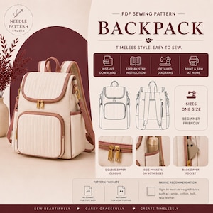 May include: Cream-coloured backpack sewing pattern with a quilted front pocket and muted rose-coloured accents. The image includes diagrams, instructions, and fabric recommendations. The text reads "Backpack" and "Timeless Style. Easy to Sew."