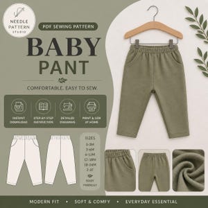 Peut inclure: Un patron de couture PDF pour un pantalon de bébé. L'image présente un pantalon de bébé vert olive suspendu à un cintre en bois. Le patron comprend des tailles de 0-3 mois à 2-3 ans. Le texte dit "BABY PANT" et "CONFORTABLE. FACILE À COUDRE."