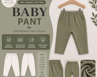 Baby Pants Sewing Pattern PDF | Soft Fit Elastic Waist Pants | Toddler Pattern 0–3M to 3T | Easy Beginner Kids Pants | Instant Download