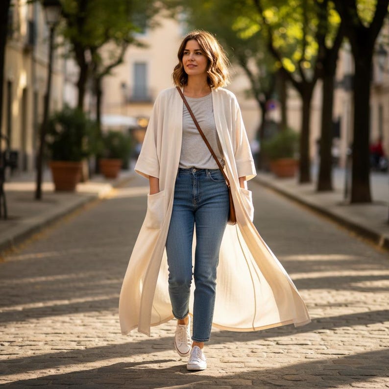 May include: A woman in a cream-coloured long cardigan, grey t-shirt, and blue jeans walks along a cobbled street. She carries a brown crossbody bag and wears white trainers. The scene is outdoors with trees lining the street.