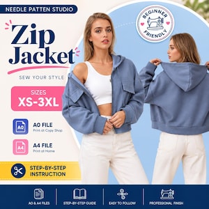 May include: A sewing pattern for a blue zip-up jacket with a hood and chest pockets. The graphic includes the text "Needle Patten Studio," "Zip Jacket," "Sew Your Style," "Sizes XS-3XL," "Beginner Friendly," and "Step-by-Step Instruction."