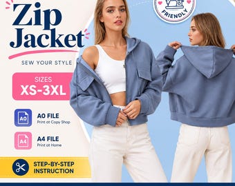 Zip Jacket Sewing Pattern PDF | Cropped Zip Up Hoodie Pattern | Oversized Hooded Jacket Pattern | Beginner Sewing Pattern