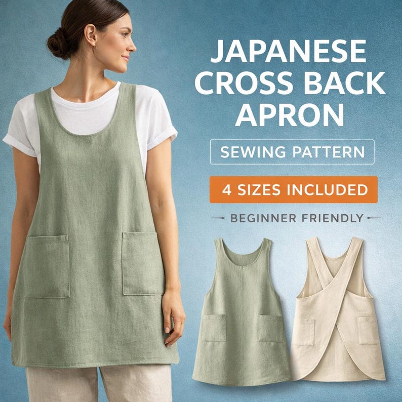 May include: A sage green Japanese cross back apron with two front pockets is shown. The image includes the text "JAPANESE CROSS BACK APRON" and "SEWING PATTERN". The apron is shown in multiple views, including a cross-back design. The text also says "4 SIZES INCLUDED" and "BEGINNER FRIENDLY".
