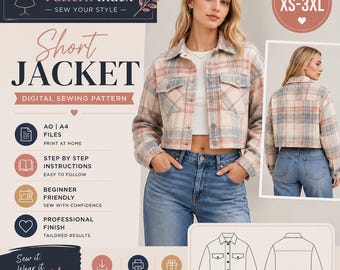 Short Jacket Sewing Pattern PDF | Cropped Trucker Jacket Pattern XS-3XL | Button Front Shacket Digital Download with Sewing Guide