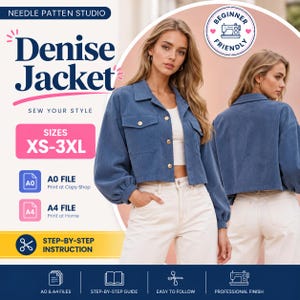 Könnte beinhalten: Ein Schnittmuster für die Denise Jacke von Needle Patten Studio. Das Bild zeigt eine blaue Cordjacke mit Kragen, langen Ärmeln und goldenen Knöpfen, von vorne und hinten abgebildet. Enthält A0- und A4-Dateiformate sowie eine Anleitung.