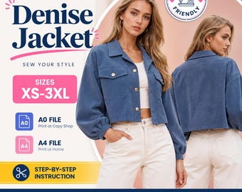 Denise Jacket Sewing Pattern PDF | Cropped Corduroy Jacket Pattern | Button Up Trucker Jacket Pattern | Beginner Sewing Pattern