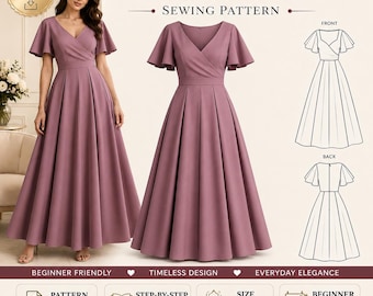 Patrón de costura en PDF: Vestido de noche con paneles, descarga instantánea, mangas con volantes, escote corazón, tallas XS a 5XL. Descarga digital.